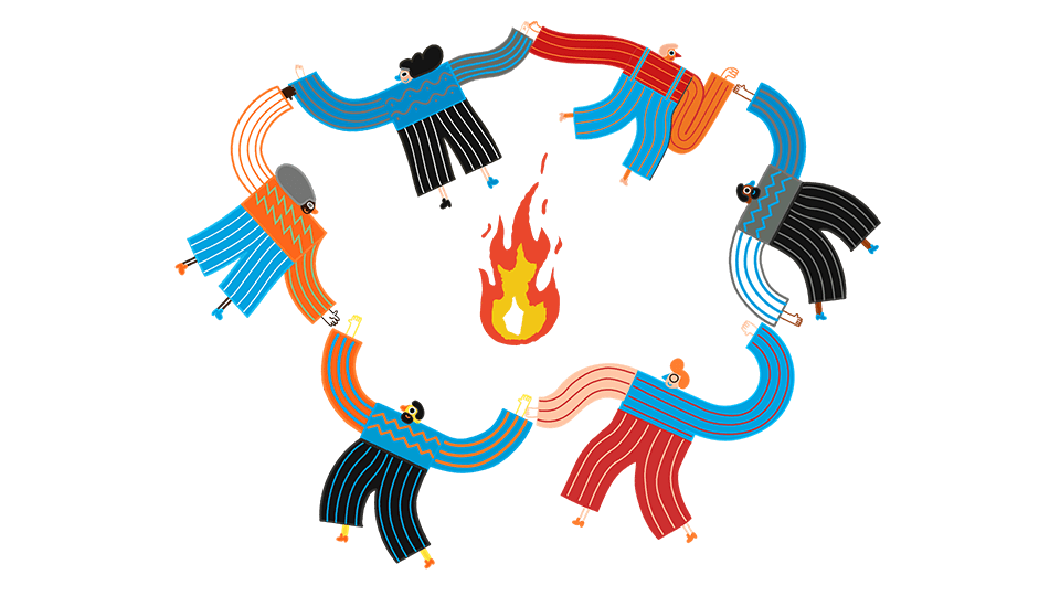 An illustration of people holding hands around a fire